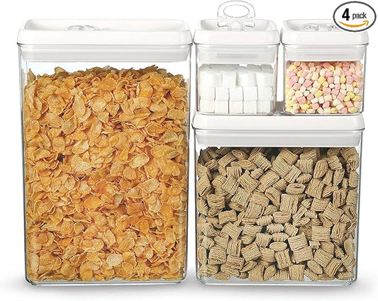 Felli Flip Tite Storage Container with Lid 4" RECTANGULAR Air Tight Ring Flip Top, Stackable Acrylic Canister for Kitchen Counter Pantry, Cereal Granola Pasta Spice, Christmas Gift (4pk, Variety)