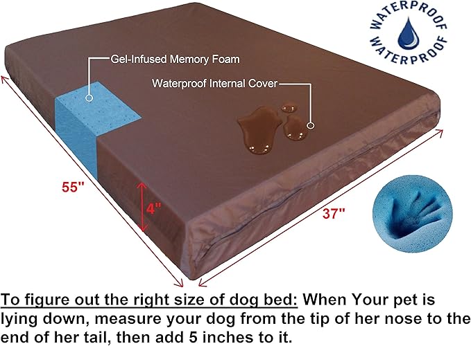 Dogbed4less Orthopedic Gel Memory Foam Pet Dog Bed, Waterproof Liner with External Microsuede Cover and Bonus Antislip Cover (Microsuede Espresso, 55"X37"X4" Inches)