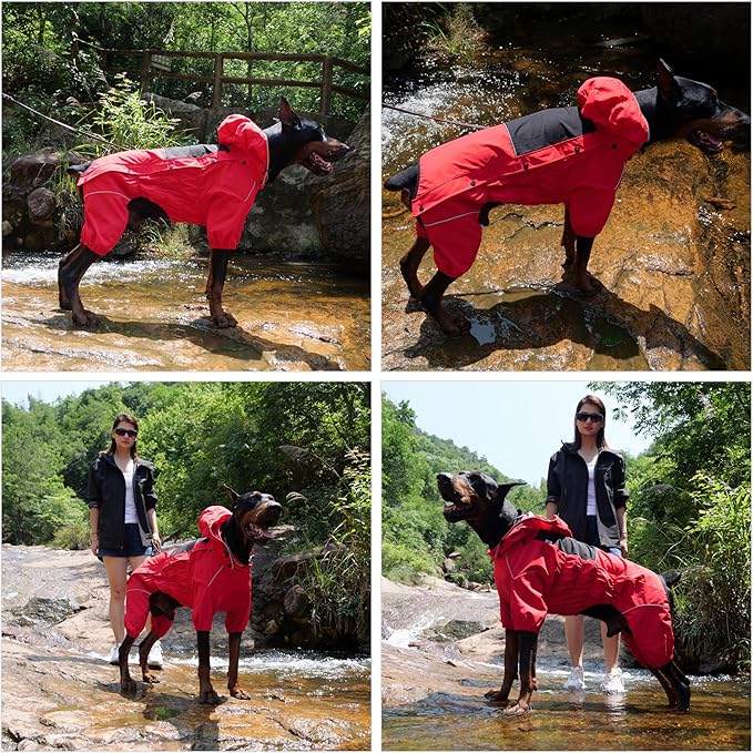 LOVELONGLONG Fleece-Lined Dog Raincoat with Removable Hood – Waterproof Winter Full Body Dog Jacket – Windproof Snowproof Cold-Weather Suit – Red-F M