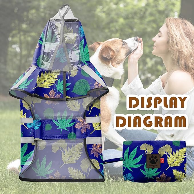 Dog Raincoat, Adjustable Rain Jacket with Hooded Double Layer for Large Medium Small Dogs Puppies, Lightweight Waterproof Rain Coat Poncho with Reflective Stripe Leaf Blue,XXL