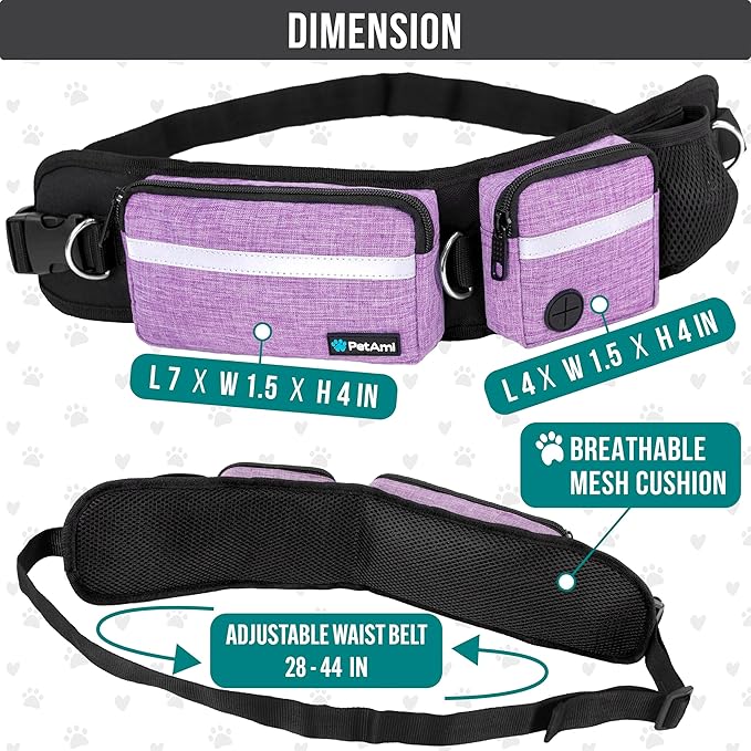 PetAmi Hands Free Dog Leash, Running Leash Belt Bag for Walking, Jogging, Waist Double Zipper Pouch with Poop Dispenser, Dual Padded Handles Reflective Bungee Single, Purple, 1 Leash
