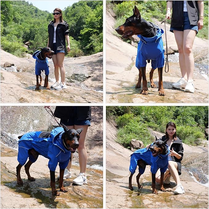 LOVELONGLONG Waterproof Dog Raincoat with Removable Hood – Outdoor Full Body Dog Jacket, Windproof Snowproof Shell Suit – All Season Pet Rain Gear Blue S+