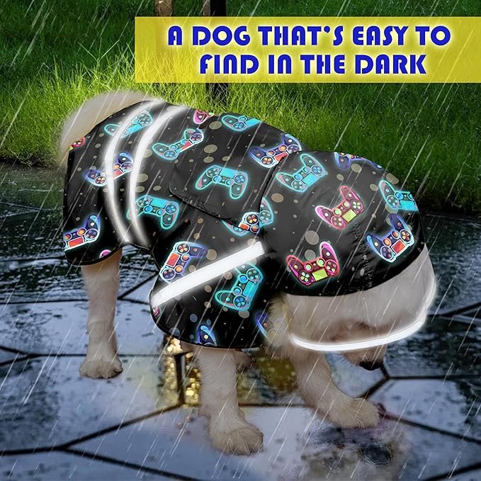 Dog Raincoat, Adjustable Rain Jacket with Hooded Double Layer for Large Medium Small Dogs Puppies, Lightweight Waterproof Rain Coat Poncho with Reflective Stripe Game Controller Black,M