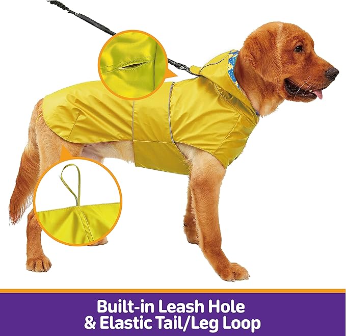 Dog Raincoat Reversible, Single Side Slicker Poncho Adjustable Waterproof Dog Rain Jacket with Leash Hole/Reflective Stripe Hooded Snowproof Windproof Clothes for Small to 3X-Large Dogs, S