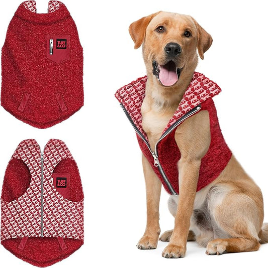 Tuff Pupper Reversible Fleece Sweater Vest for Dogs | Lightweight Comfortable Insulated Jacket | Front Zip Closure | Machine Washable | Built-in Leash Hole | Sizes for All Breeds (Large, Red)