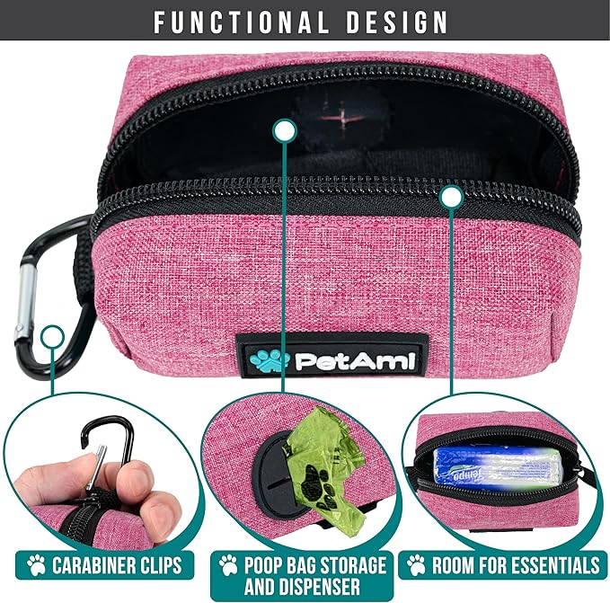 PetAmi Dog Poop Bag Holder for Leash Attachment, Doggie Zipper Pouch Soft Fabric Poop Bag Carrier, Dog Pet Waste Bag Dispenser with Carabiner Clip, 1 Roll of Dog Trash Bag (Pink, 1 Pack)