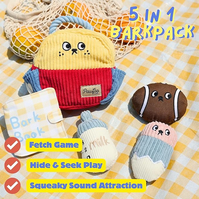 Squeaky Plush Dog Toys, 5-in-1 Crinkle Backpack Puppy Toys to Keep Busy, Cute Stuffed Hide & Seek Cognitive for Small Dogs, Teething, Boredom Relief & Birthday Gift