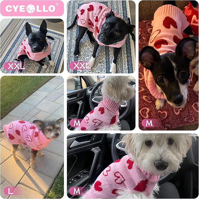 cyeollo Dog Valentines Sweater Heart Pattern Pullover Turtleneck with Leash Hole Holiday Theme Outfit Pet Apparel Sweaters for Small to Medium Dogs Pink