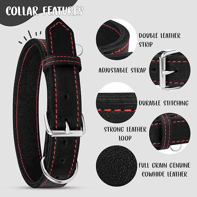 Riparo Dog Collar - Genuine Leather Dog Collars - Heavy Duty Dog Collars for Medium Large and Extra Large Dog Breeds (XL: 1.5” Wide for 22” - 26” Neck, Black/Red Thread)