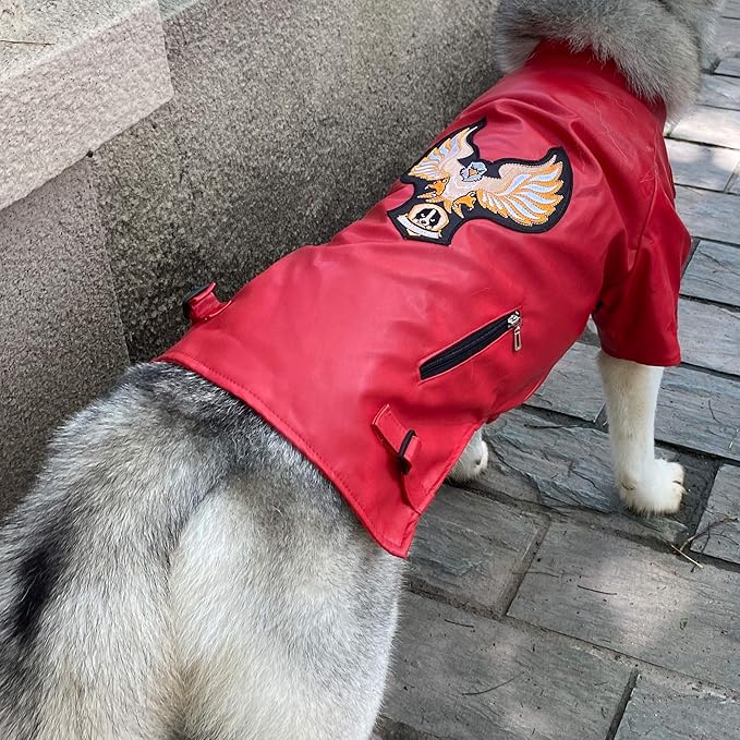 Lovelonglong Cool Dog Leather Jacket, Warm Coats Dogs Windproof Cold Weather Coats for Large Medium Small Dogs with Eagle Embroidery Red L-M