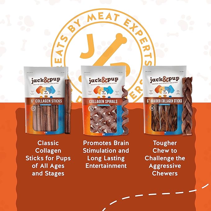 Jack&Pup 6 inch Braided Beef Collagen Sticks, Rawhide Free, Long Lasting Dog Chews, Healthy Single Ingredient Treats for Medium Dogs, Bully Stick Alternative, Collagen Chew for Dogs. 8pk