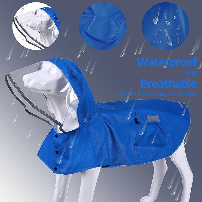 Waterproof Dog Raincoat, Adjustable Reflective Lightweight Pet Rain Clothes with Poncho Hood (3X-Large, Blue)