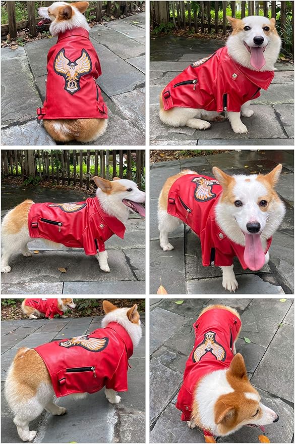 Lovelonglong Cool Dog Leather Jacket, Warm Coats Dogs Windproof Cold Weather Coats for Large Medium Small Dogs with Eagle Embroidery Red L