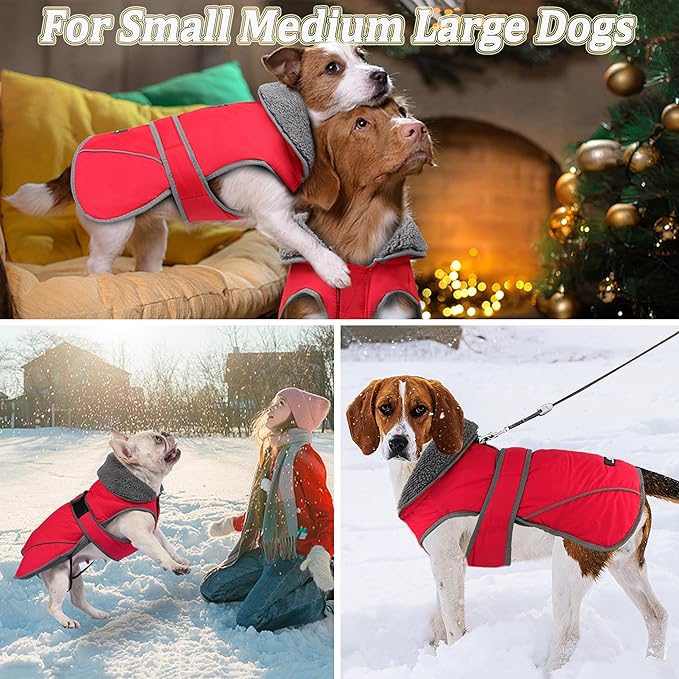 Dogcheer Dog Coat, Waterproof Dog Jacket Reflective Pet Winter Coat with Adjustable Hook & Loop, Christmas Puppy Fleece Jacket Warm Turtleneck Snowsuit for Small Medium Large Dogs - Red, 2XL