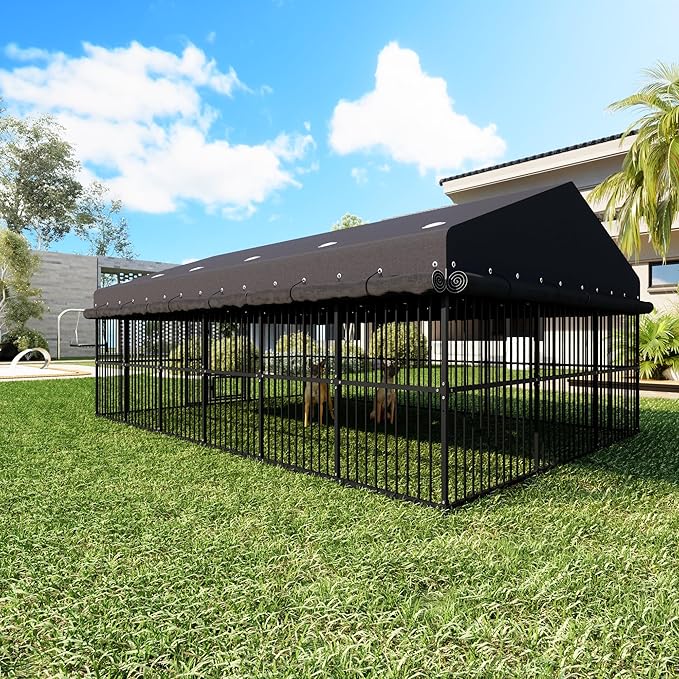 10x15x6 FT Dog Kennel, Outdoor Dog House with Roof All Weather Resistant Large Dog Enclosure Cage with Triple Locks, Heavy Duty Metal Dog Pens Outside (118" W x 179" D x 78" H)