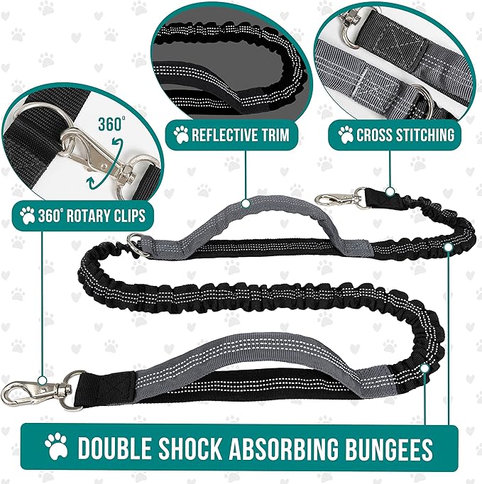 PetAmi Hands Free Dog Leash, Running Leash Belt Bag for Walking, Jogging, Waist Double Zipper Pouch with Poop Dispenser, Dual Padded Handles Reflective Bungee Single, Purple, 1 Leash