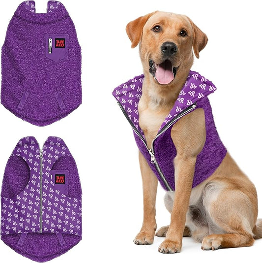 Tuff Pupper Reversible Fleece Sweater Vest for Dogs | Lightweight Comfortable Insulated Jacket | Front Zip Closure | Machine Washable | Built-in Leash Hole | Sizes for All Breeds (Large, Purple)