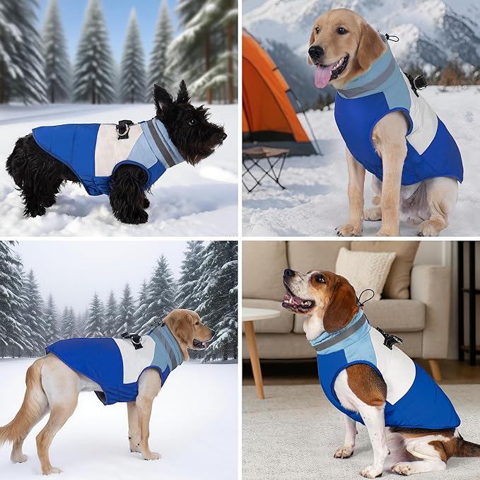 azuza Dog Jacket for Medium Dogs Waterproof Dog Coat with Reflective Strips and Harness Built in Warm Fleece Dogs Winter Coat Windproof with Back Zipper, Blue 2XL