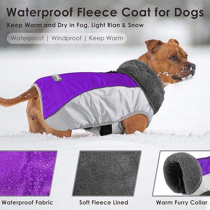 Dog Coat, Waterproof Ripstop Dog Winter Jacket with Leash Hole, Reflective Adjustable Warm Pet Fleece Snow Sweater for Small Medium Large Dogs - Purple, 2XL