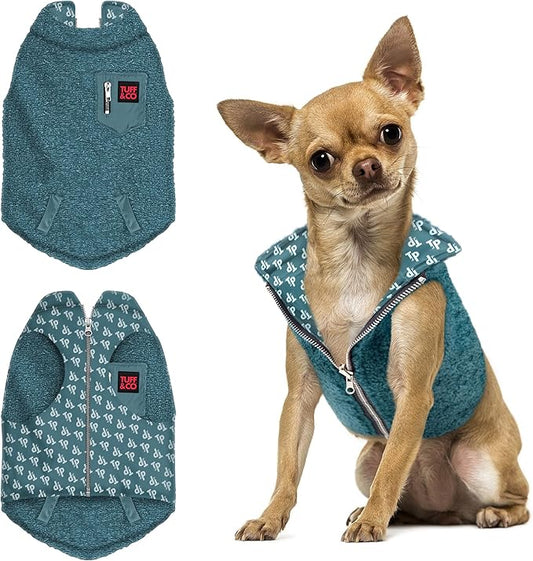 Tuff Pupper Reversible Fleece Sweater Vest for Dogs | Lightweight Comfortable Insulated Jacket | Front Zip Closure | Machine Washable | Built-in Leash Hole | Sizes for All Breeds (Small, Teal)