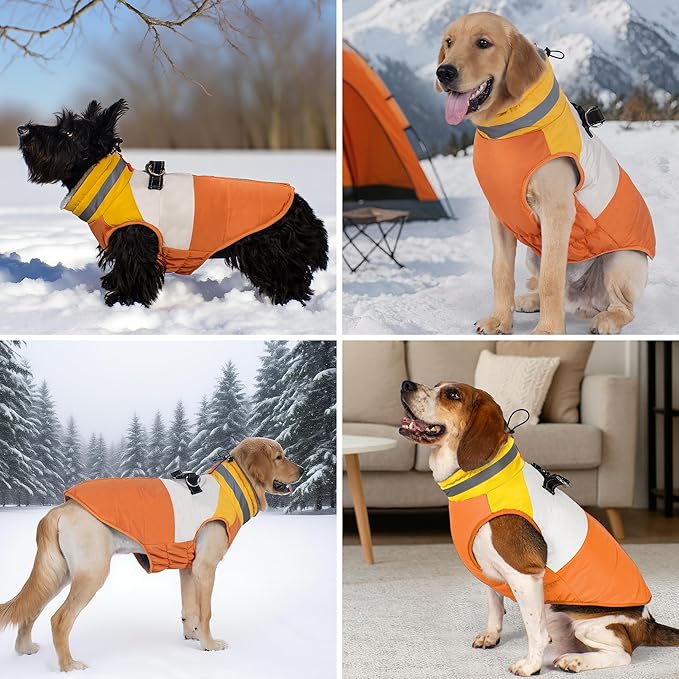 azuza Dog Coats for Large Dogs Waterproof Dog Coat with Reflective Strips and Harness Built in Warm Fleece Dogs Winter Coat Windproof with Back Zipper, Orange 3XL