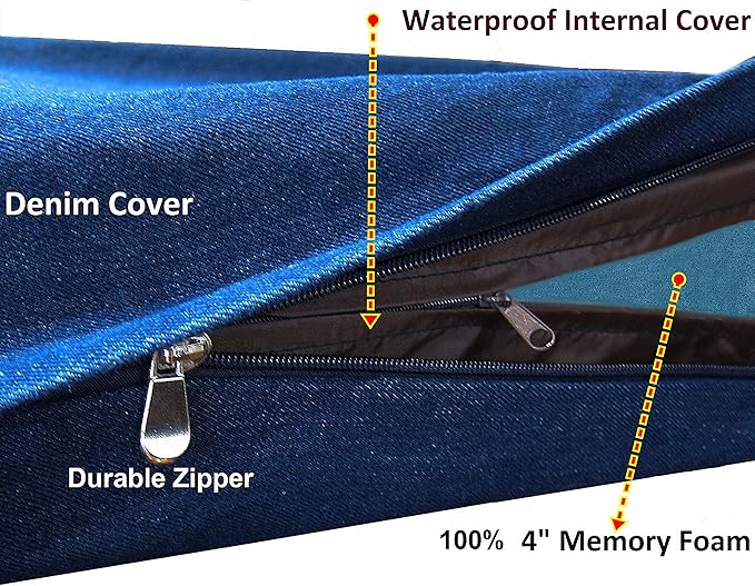 Dogbed4less Medium Large Orthopedic Heavy Duty Gel Infused Memory Foam Pet Bed, Waterproof Liner, Denim in Blue