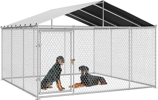 DWVO 14.8'x14.8' Large Outdoor Dog Kennel with Roof, Dog Pens Outside with Metal Dog Gate, Dog House Large Dogs for Yard