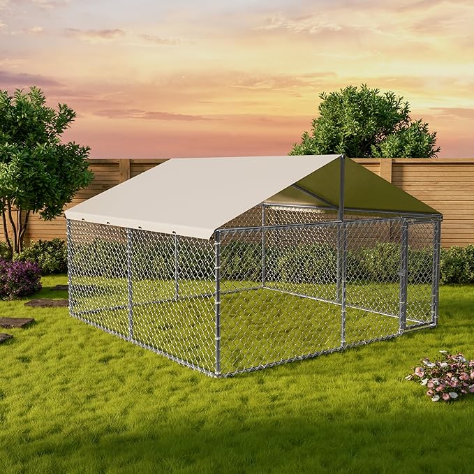 Large Outdoor Dog Kennel with Waterproof & UV-Resistant Roof, Galvanized Dog Kennel, Heavy Duty Dog Playpen for Outside Backyard Farm Use, 10x10x6ft