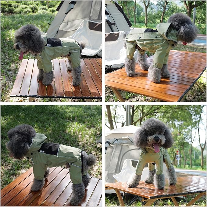 LOVELONGLONG Fleece-Lined Dog Raincoat with Removable Hood – Waterproof Winter Full Body Dog Jacket – Windproof Snowproof Cold-Weather Suit – Green-F L