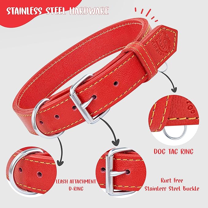 Riparo Dog Collar - Genuine Leather Dog Collars - Heavy Duty Dog Collars for Medium Large and Extra Large Dog Breeds (M: 1” Wide for 14” - 18” Neck, Red)