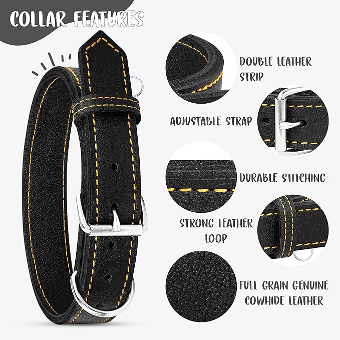 Riparo Dog Collar - Genuine Leather Dog Collars - Heavy Duty Dog Collars for Medium Large and Extra Large Dog Breeds (L: 1.25” Wide for 18” - 22” Neck, Black/Orange Thread)