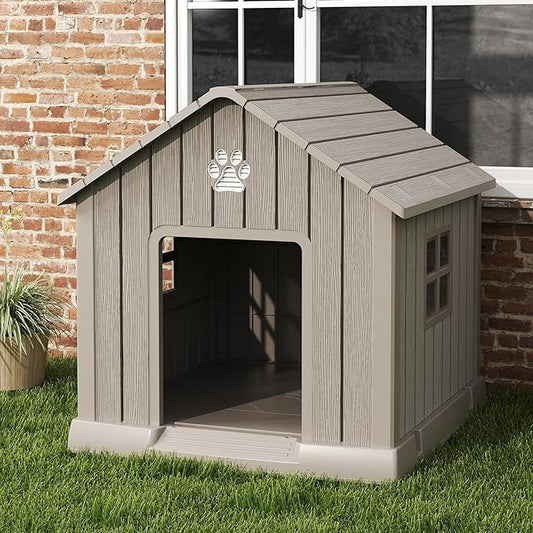 Dog House for Outdoor & Indoor Use with Window, Waterproof Ventilated Kennel with Elevated Floor, Easy to Clean Shelter for Small Medium Dogs (Grey, 29.9" L x 32.3" W x 32.5" H)