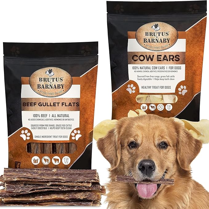 BRUTUS & BARNABY 12 Cow Ears + 15 Gullet Treats, All Natural Whole Dog Treats