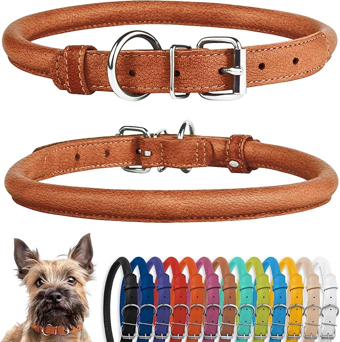 CollarDirect Rolled Leather Dog Collar, Soft Padded Round Puppy Collar, Handmade Genuine Leather Collar Dog Small Large Cat Collars 13 Colors (6-7 Inch, Cinnamon Textured)