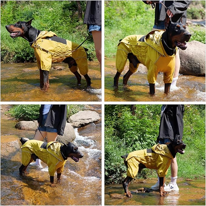 LOVELONGLONG Waterproof Dog Raincoat with Removable Hood – Outdoor Full Body Dog Jacket, Windproof Snowproof Shell Suit – All Season Pet Rain Gear Mustard Yellow S+