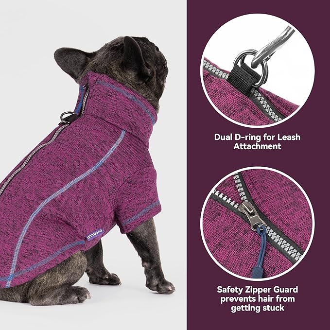 cyeollo Warm Dog Sweater with Zipper, Doggy Reflective Highneck Jackets with D Ring Step in Dog Winter Coats Fleece Female Stretchy Dogs Sweaters Pet Clothes for Small Dogs, Purple M