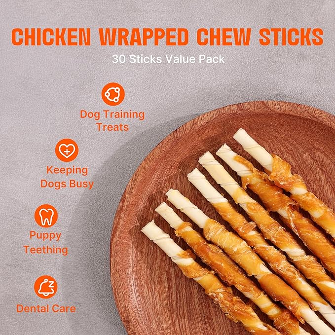 M-PETS Chicken Wrapped Dog Treats 30 pcs Rawhide Chews Sticks, Puppy Training Treat, Snacks for Small and Medium Dogs