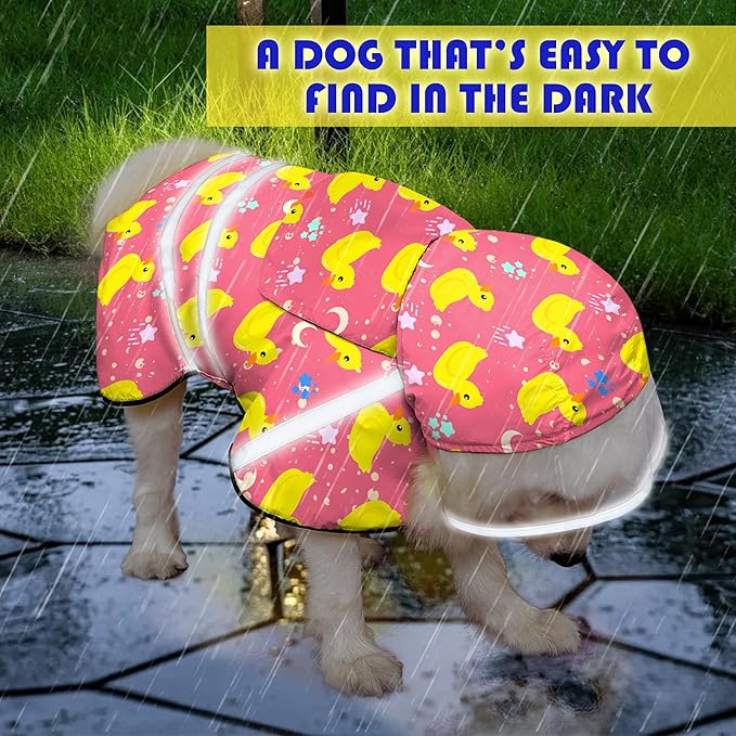 Dog Raincoat, Adjustable Rain Jacket with Hooded Double Layer for Large Medium Small Dogs Puppies, Lightweight Waterproof Rain Coat Poncho with Reflective Stripe Duck Pink,M