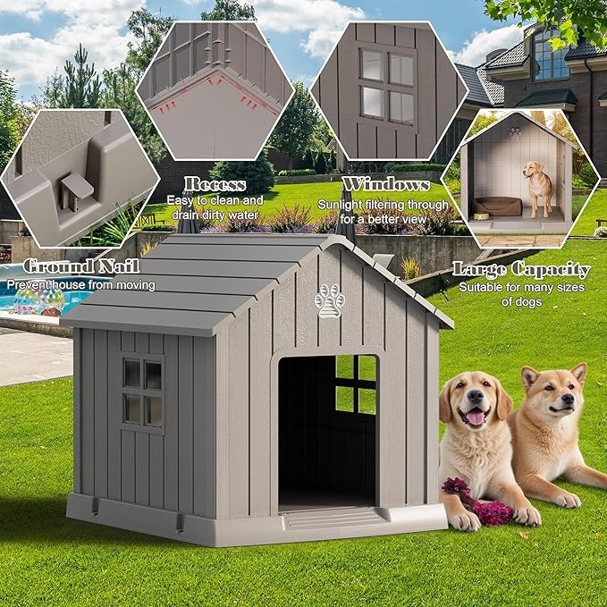 Dog House for Outdoor & Indoor Use with Window, Waterproof Ventilated Kennel with Elevated Floor, Easy to Clean Shelter for Small Medium Large Dogs (Grey, 37.2" L x 40" W x 40" H)