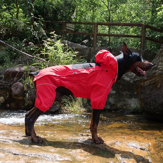 LOVELONGLONG Fleece-Lined Dog Raincoat with Removable Hood – Waterproof Winter Full Body Dog Jacket – Windproof Snowproof Cold-Weather Suit – Red-F 4XL