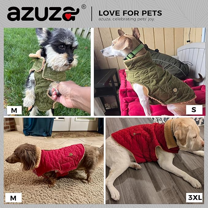 azuza Dog Jacket for Medium Dogs Waterproof & Windproof Dog Coat for Small Dogs with Thick Fleece, High Collar with Leash Hole, Adjustable Velcro & Elastic Belly, Red 2XL