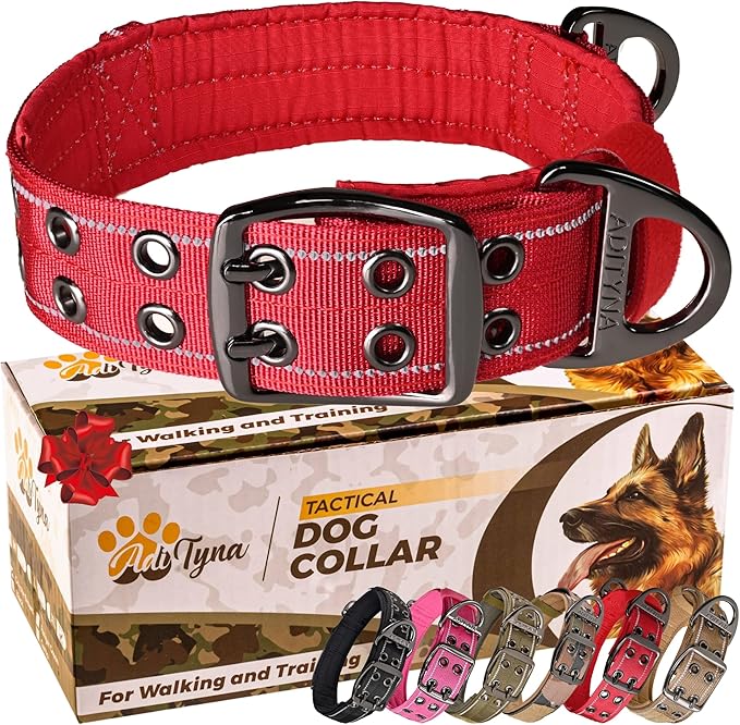 ADITYNA Heavy Duty Dog Collar for Extra-Large Dogs - Reflective Red Collar with Handle for Training, and Walking - Wide, Thick, Tactical, Soft Neoprene Padded