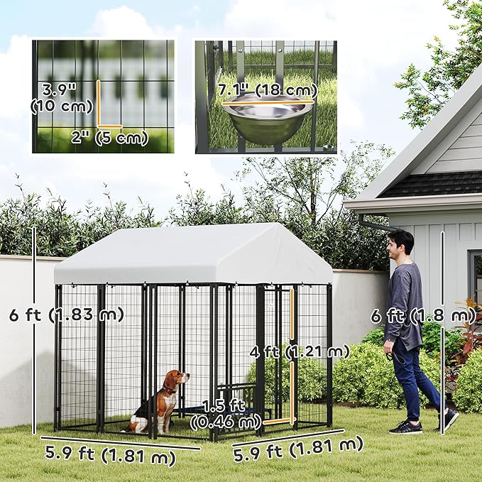 PawHut 6' x 6' x 6' Outdoor Dog Kennel, Welded Wire Dog Kennel Outside Run with 360° Rotating & 4 Level Adjustable Bowls, Waterproof & UV Resistant Cover, for S&M&L Breeds, Chickens, Ducks, Silver
