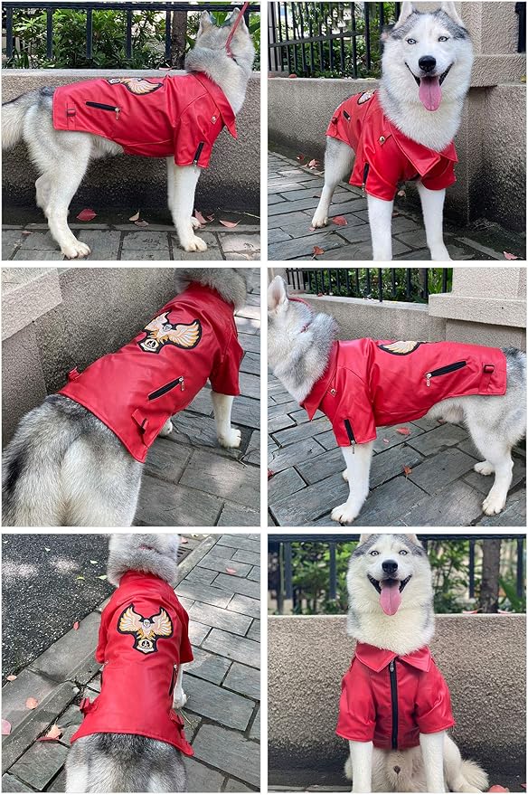 Lovelonglong Cool Dog Leather Jacket, Warm Coats Dogs Windproof Cold Weather Coats for Large Medium Small Dogs with Eagle Embroidery Red L-L