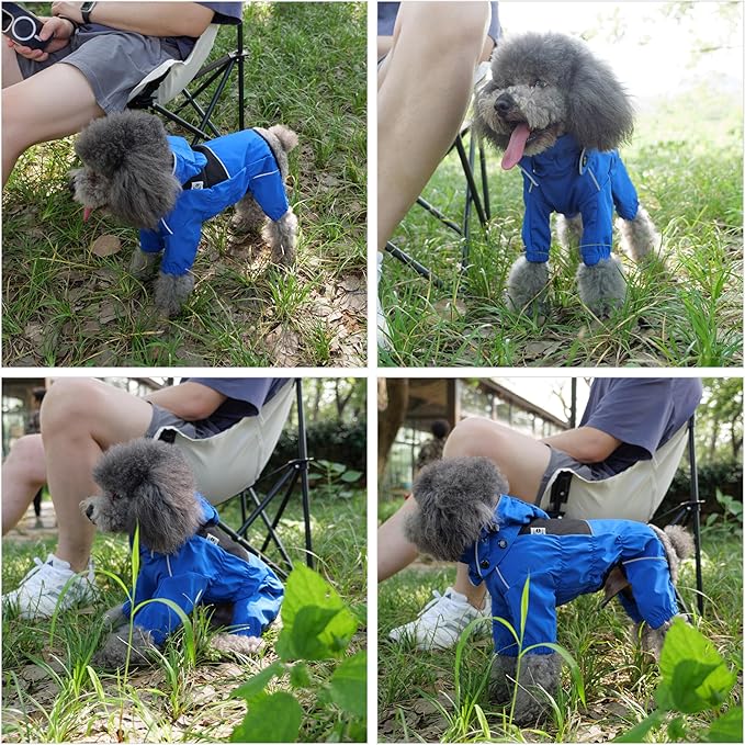 LOVELONGLONG Waterproof Dog Raincoat with Removable Hood – Outdoor Full Body Dog Jacket, Windproof Snowproof Shell Suit – All Season Pet Rain Gear Blue M
