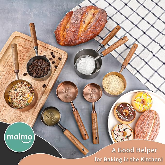 Measuring Cup with Wooden Handle, 3/4 Cup Titanium-plating 180ml Stainless Steel,Dog Food Scoop, Space Gray
