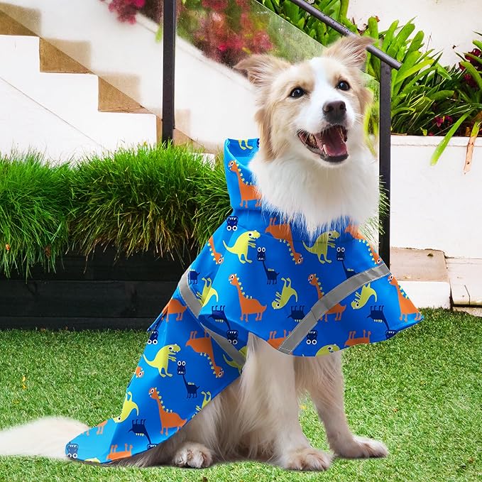 NACOCO Large Dog Raincoat Adjustable - Pet Dinosaurs Water Proof Clothes Lightweight Rain Jacket Poncho Hoodies with Strip Reflective Blue (M, Blue Dinosaur)