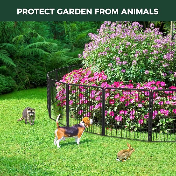 FXW Garden Fence Outdoor for The Yard – 24in(H) x 11.4ft(L) Heavy Duty Metal Animal Barrier for Dog and Rabbit, Decorative Dog Fence, 6 Panels, Black