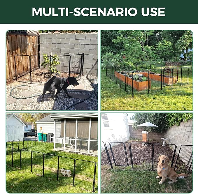 FXW Garden Fence Outdoor for The Yard – 24in(H) x 7.6ft(L) Heavy Duty Metal Animal Barrier for Dog and Rabbit, Decorative Dog Fence, 4 Panels, Black