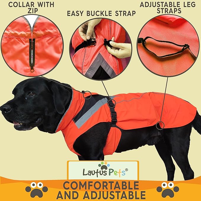 Dog Rain Coat - Waterproof, Reflective, Bright Orange with Leash Hole (M, Orange)